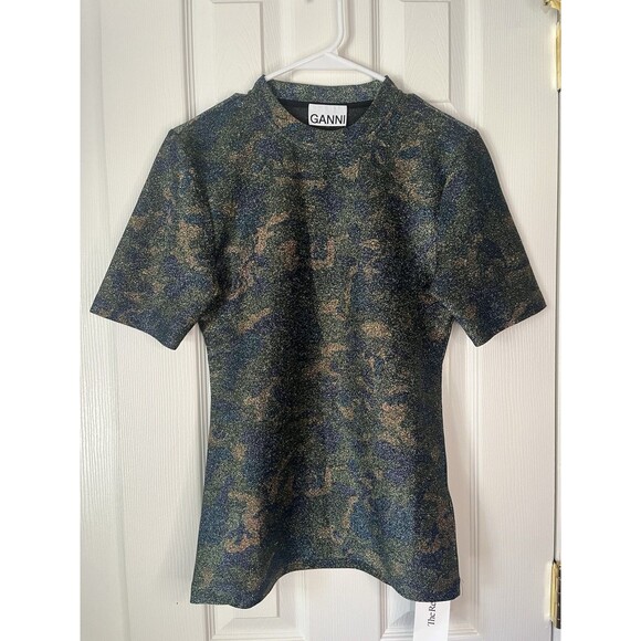 Ganni Printed Mock Neck T-Shirt Women Size 38 - Picture 1 of 7